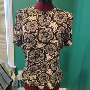 St. John Black, Grey, and Cream Floral Short Sleeve Top, Size L